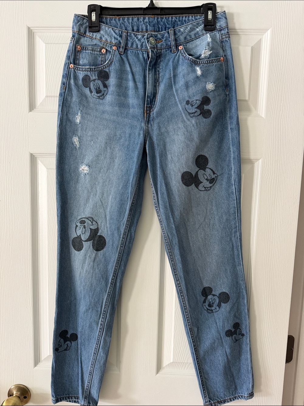 H&M Disney Blue Denim Straight Leg Jeans with Black Mickey Prints